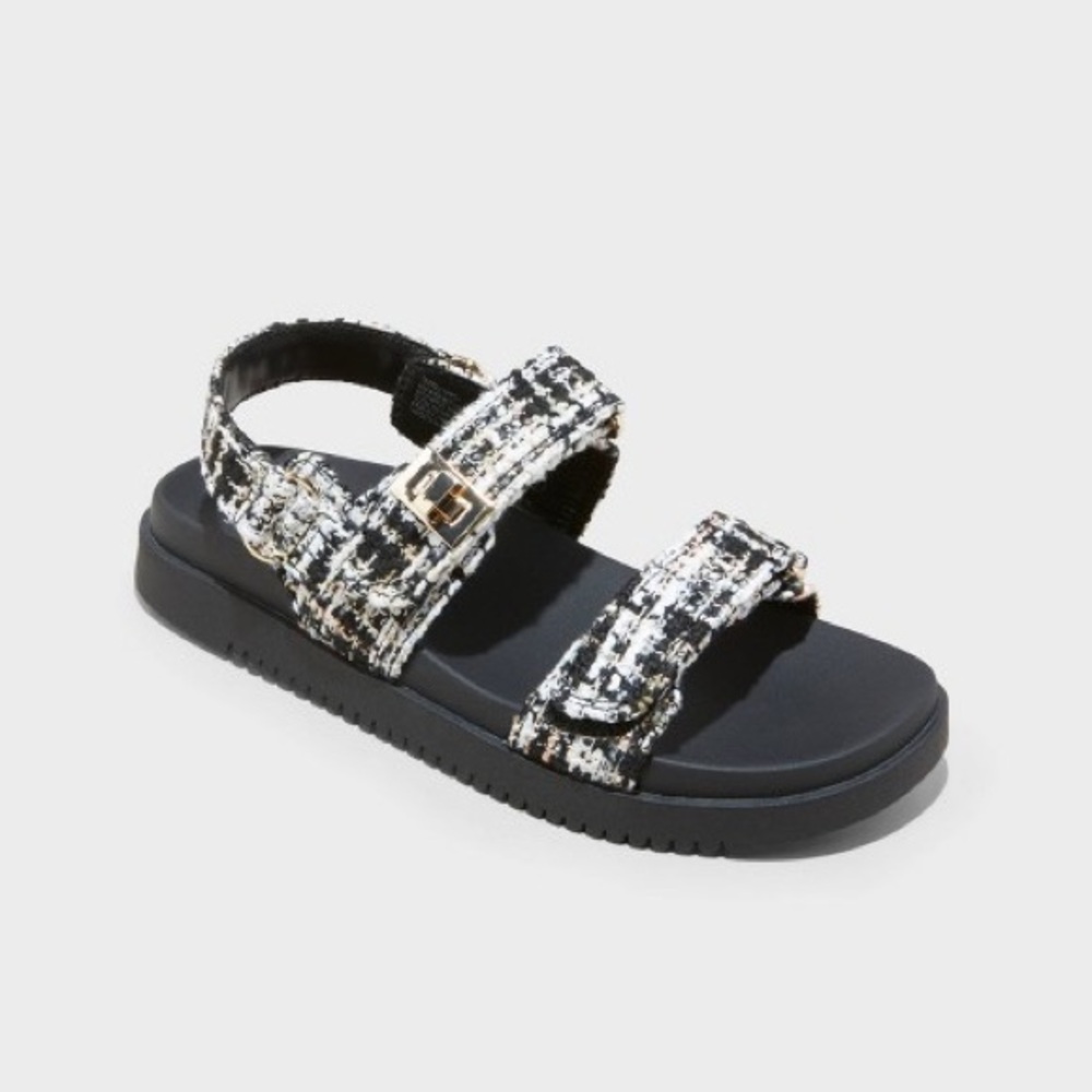 A New Day Women's Jonie Jet Tweed Footbed Sandals - Black / White